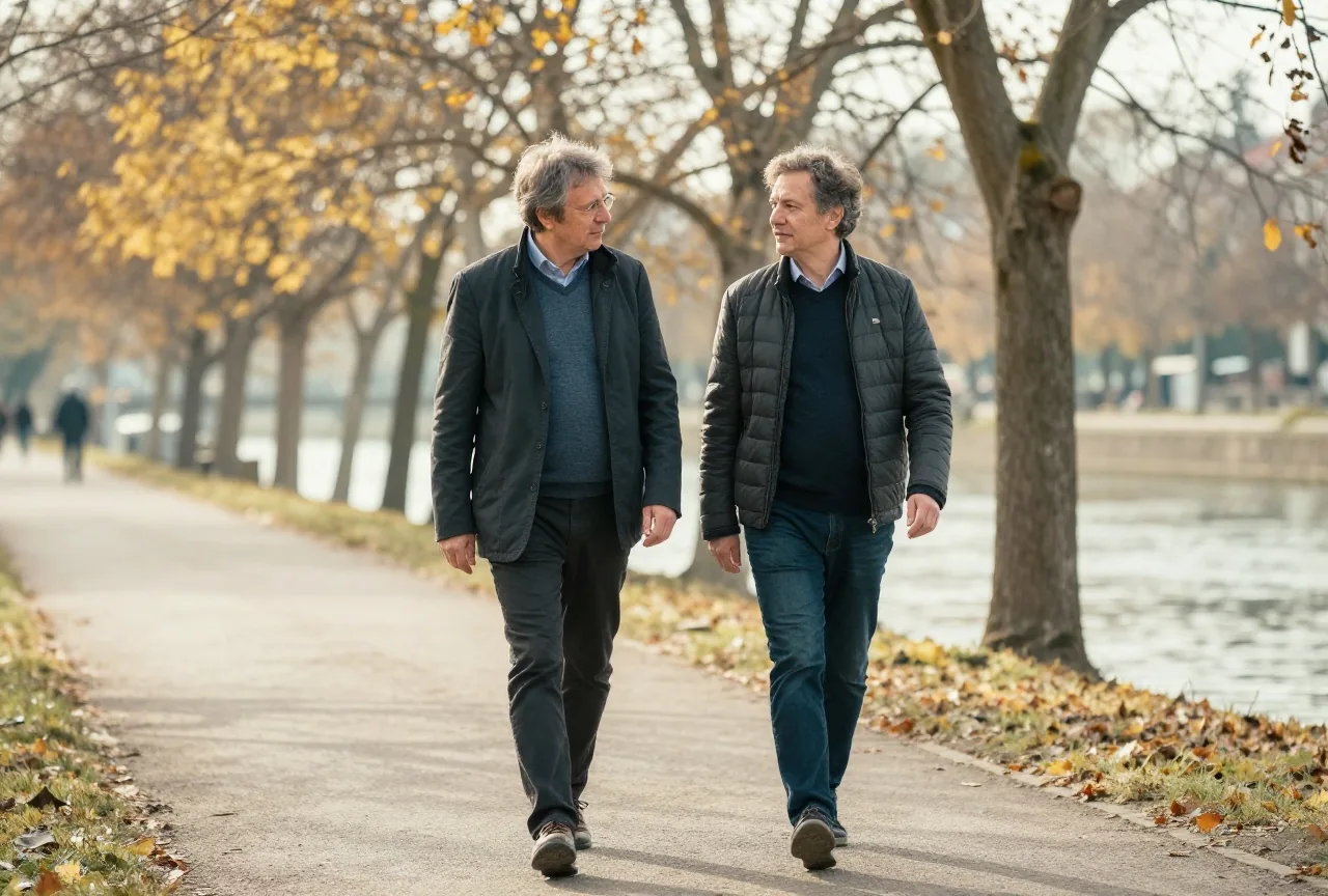 Mann um die fünfzig geht mit einem Freund im Herbst an einem Flussufer spazieren