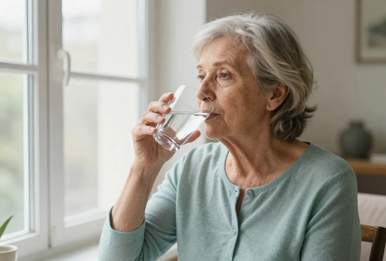 Ältere Frau sitzt am Fenster und trinkt ein Glas Wasser, im Hintergrund ein heller Wohnraum