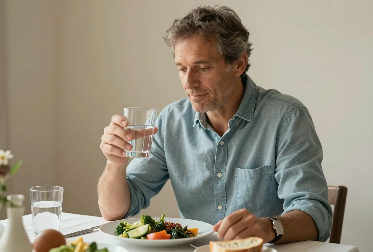 Mann in den Fünfzigern sitzt vor dem Essen an einem gedeckten Tisch und hält ein Glas Wasser, vor ihm ein Teller mit Gemüse und Brot