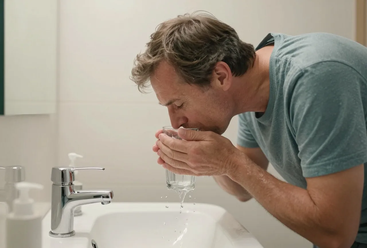 Mann in den Fünfzigern spült sich am Morgen an einem Waschbecken den Mund mit Wasser aus