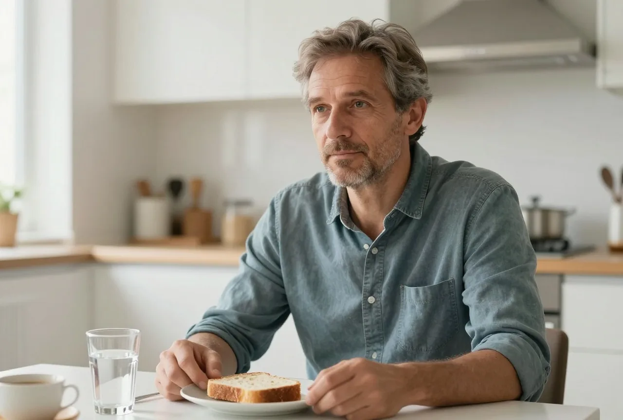 Mann in den Vierzigern sitzt am Frühstückstisch mit einer Scheibe Brot und einem Glas Wasser