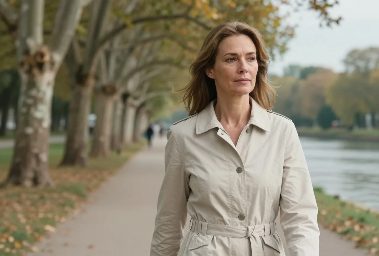 Frau in den Vierzigern geht nach dem Mittagessen in einer leichten Herbstjacke auf einem baumgesäumten Weg am Fluss spazieren