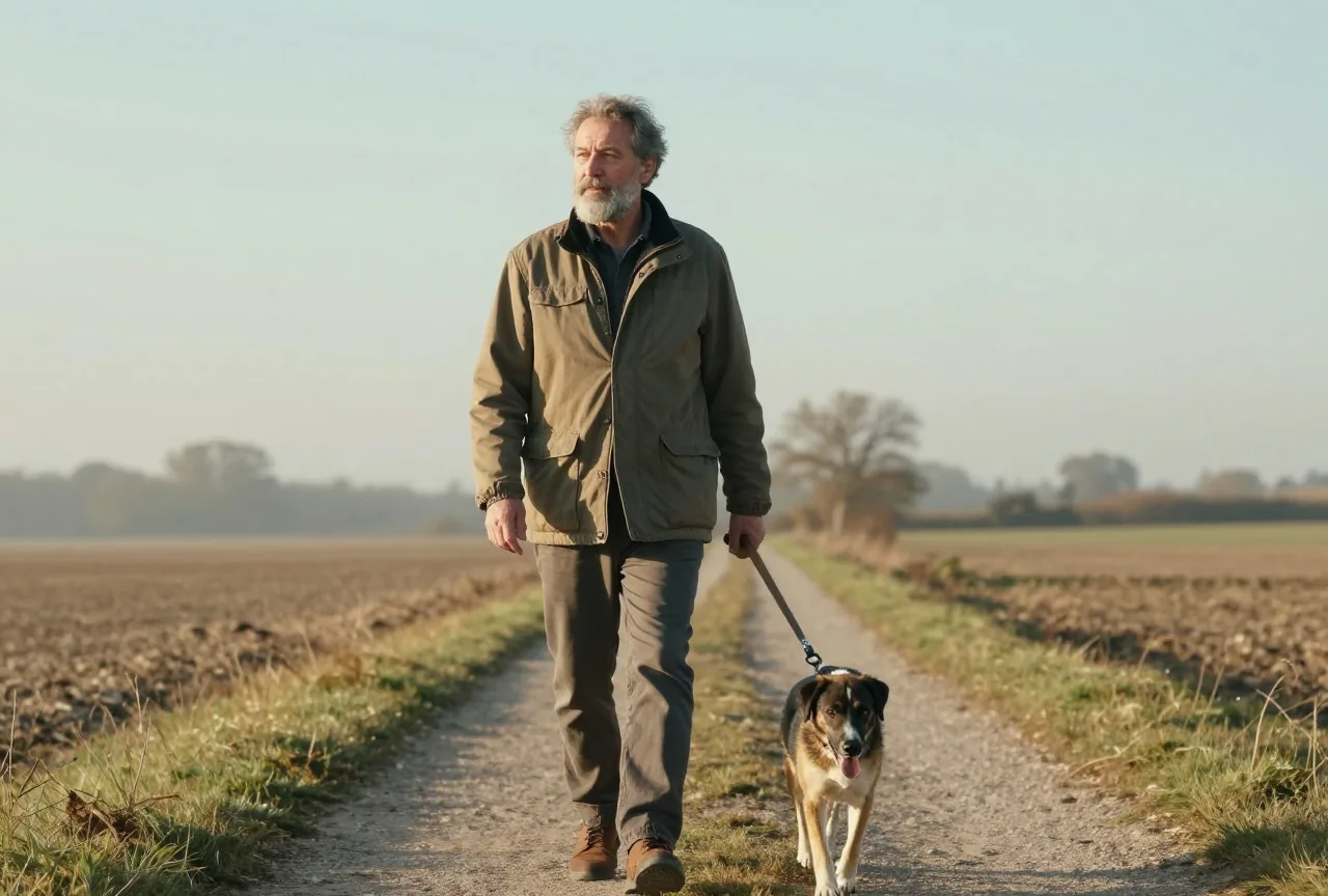 Mann um die siebzig mit grauem Bart geht an einem klaren Morgen mit seinem Hund auf einem Feldweg spazieren