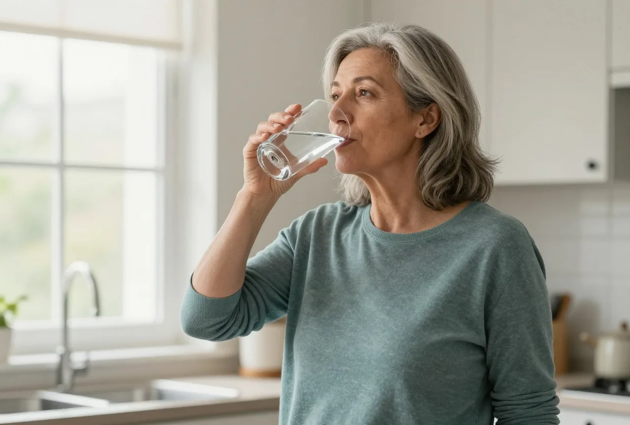 Frau um die sechzig steht in einer hellen Küche und trinkt ein großes Glas Wasser