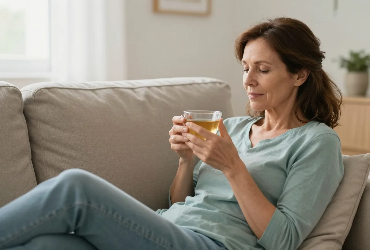 Frau Mitte fünfzig ruht am Nachmittag mit hochgelegten Füßen auf dem Sofa und hält eine Tasse Kräutertee