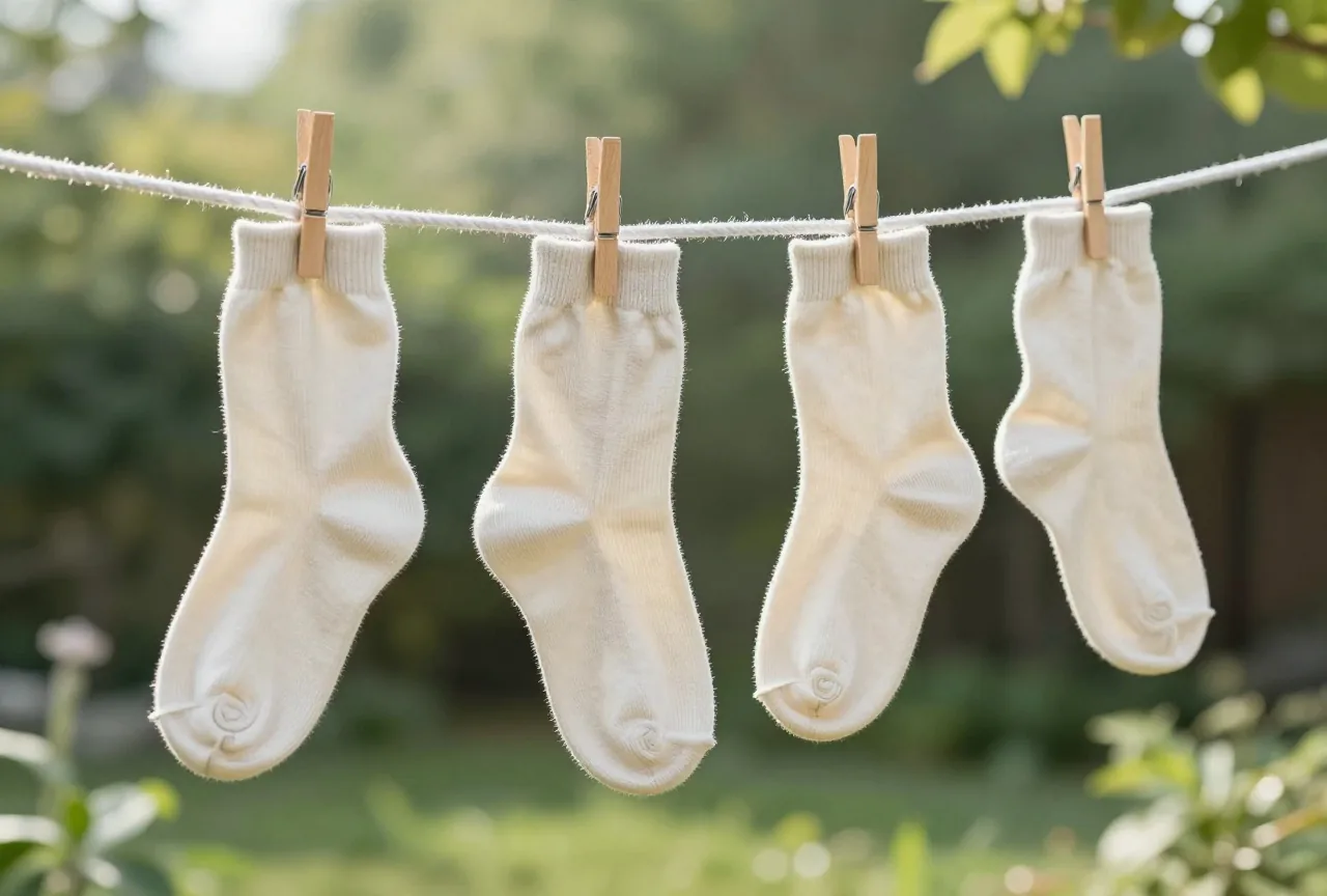 Frisch gewaschene helle Baumwollsocken hängen an einer Wäscheleine in einem sonnigen Garten