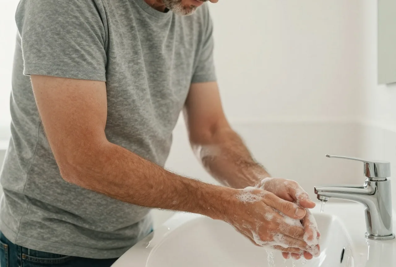 Mann in den Fünfzigern im grauen T-Shirt wäscht sich am Waschbecken mit Seife gründlich die Hände