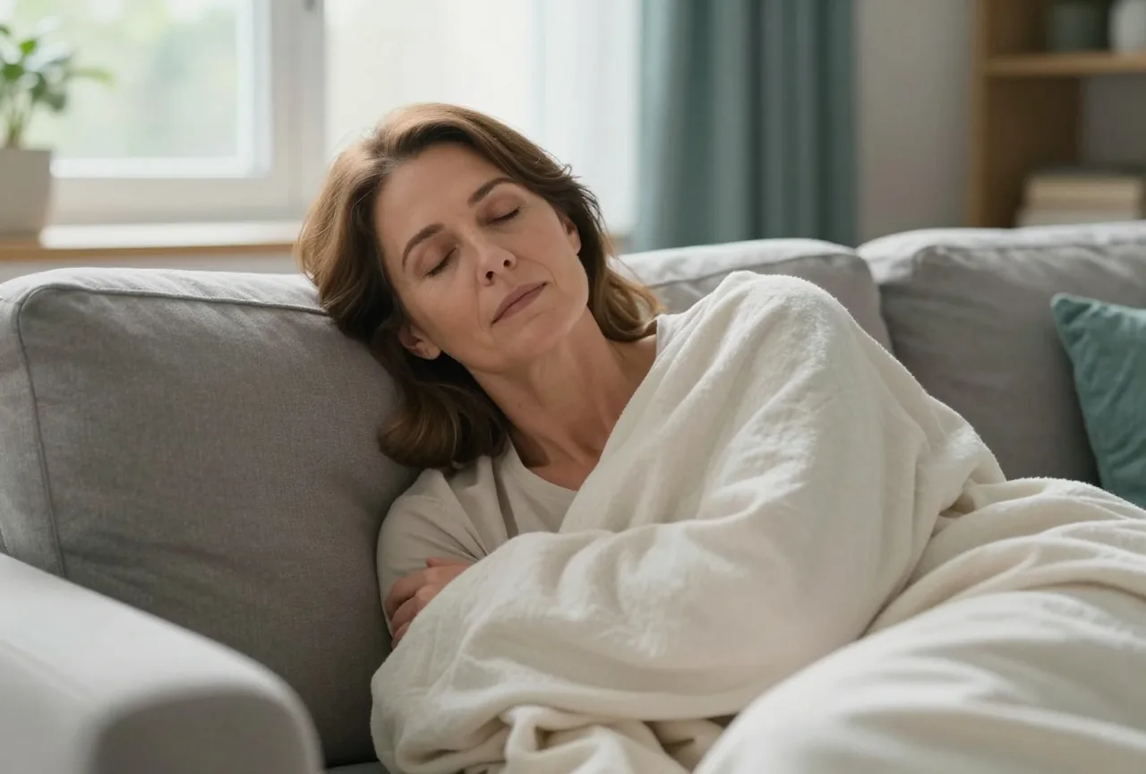 Frau in den Fünfzigern ruht mit geschlossenen Augen unter einer leichten Decke auf dem Sofa eines ruhigen Wohnzimmers