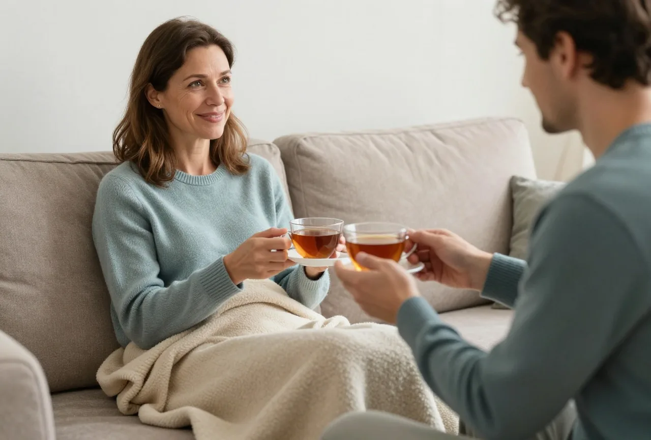 Frau um die vierzig sitzt im Wohnzimmer auf dem Sofa, eine Wolldecke über den Beinen, und lächelt ihrem Partner zu, der eine Tasse Tee bringt