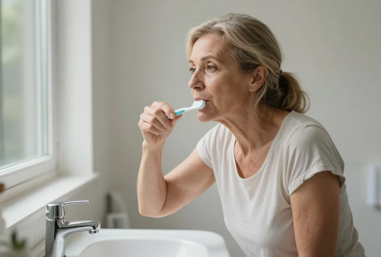 Frau in den Sechzigern putzt sich am Morgen in einem hellen Badezimmer die Zähne