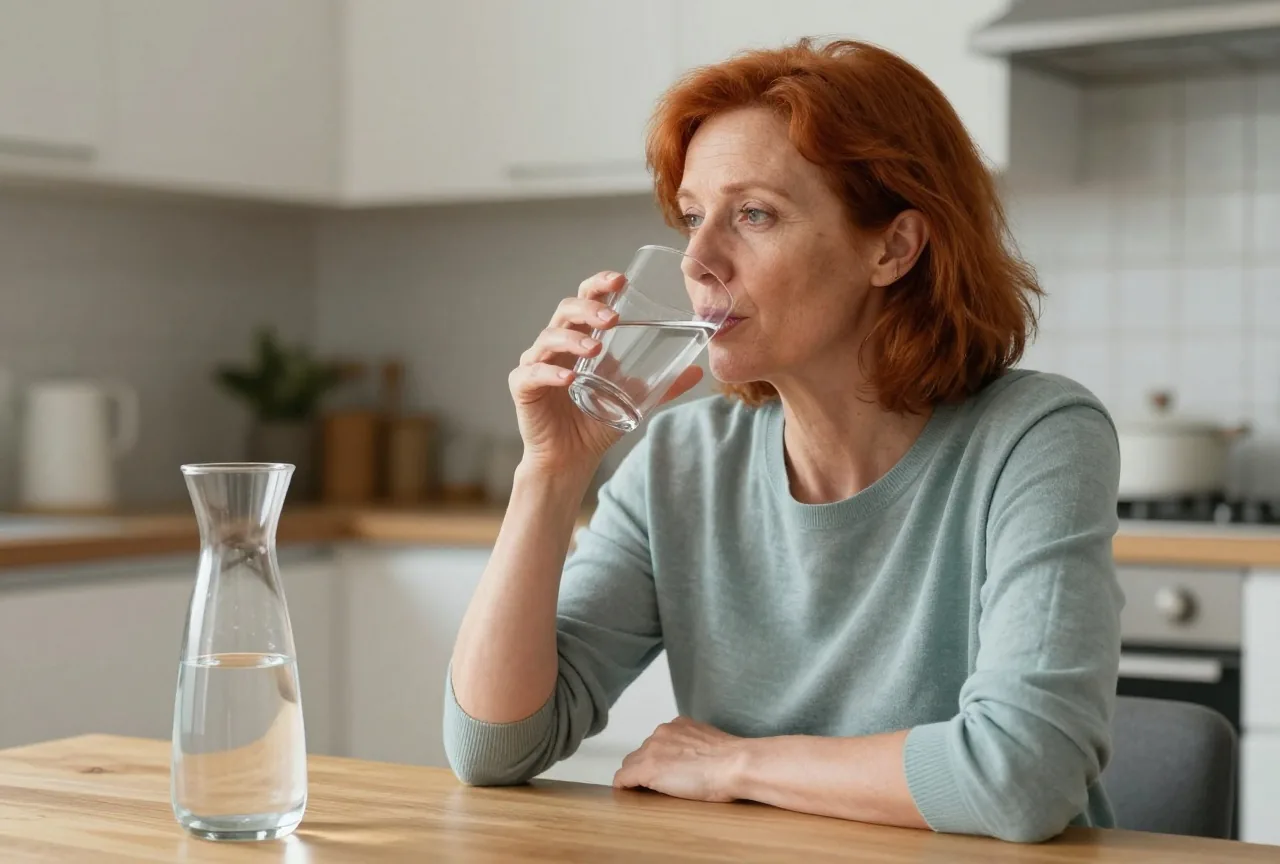 Frau Anfang fünfzig mit kurzen roten Haaren trinkt in einer hellen Küche ein Glas Wasser, auf dem Tisch eine Karaffe