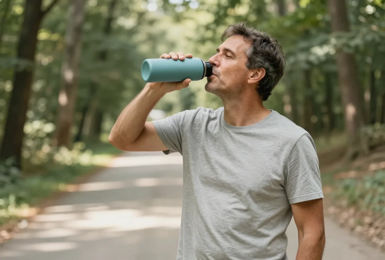Mann Ende vierzig mit Wasserflasche macht auf einem schattigen Waldweg eine Trinkpause