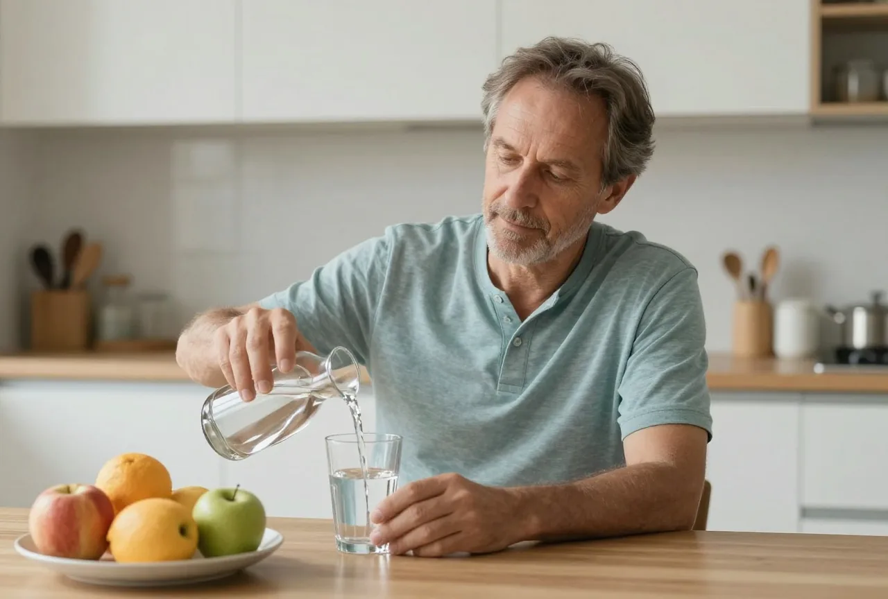 Mann in den Fünfzigern sitzt am Küchentisch und schenkt sich ein Glas Wasser ein, daneben steht ein Teller mit Obst