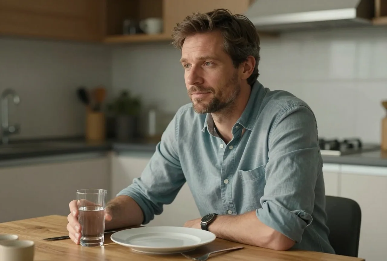 Mann in den Vierzigern sitzt nach dem Abendessen am Holztisch einer warm beleuchteten Küche und hält ein Glas Wasser in der Hand