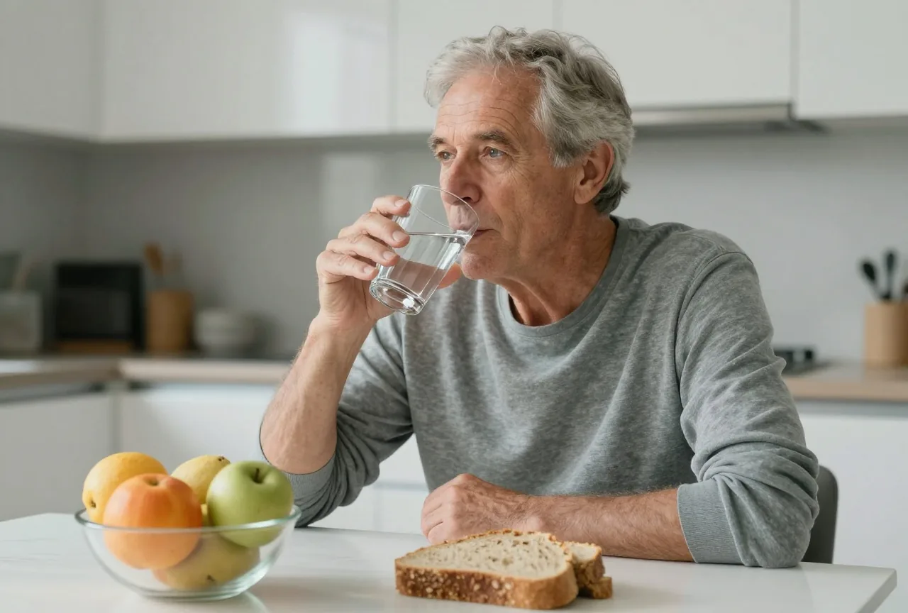 Älterer Mann trinkt an einem hellen Küchentisch ein Glas Wasser, vor ihm frisches Obst und Vollkornbrot
