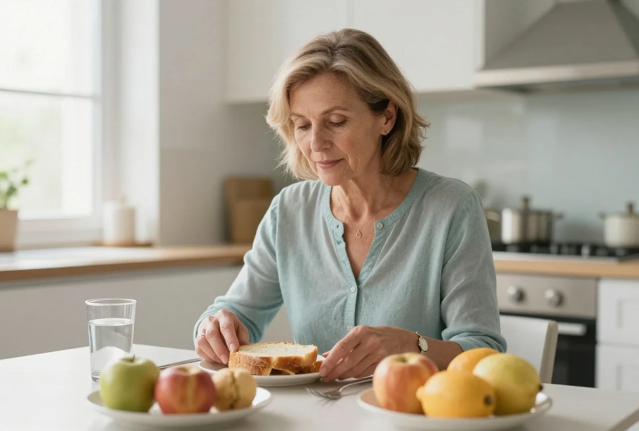 Frau Mitte sechzig deckt in einer hellen Küche den Frühstückstisch mit Brot, Obst und einem Glas Wasser
