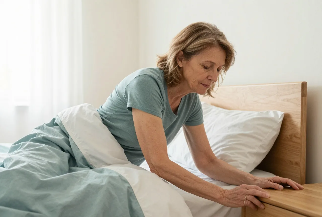 Frau in den Sechzigern steht morgens langsam von der Bettkante auf und stützt sich mit einer Hand am Nachttisch ab
