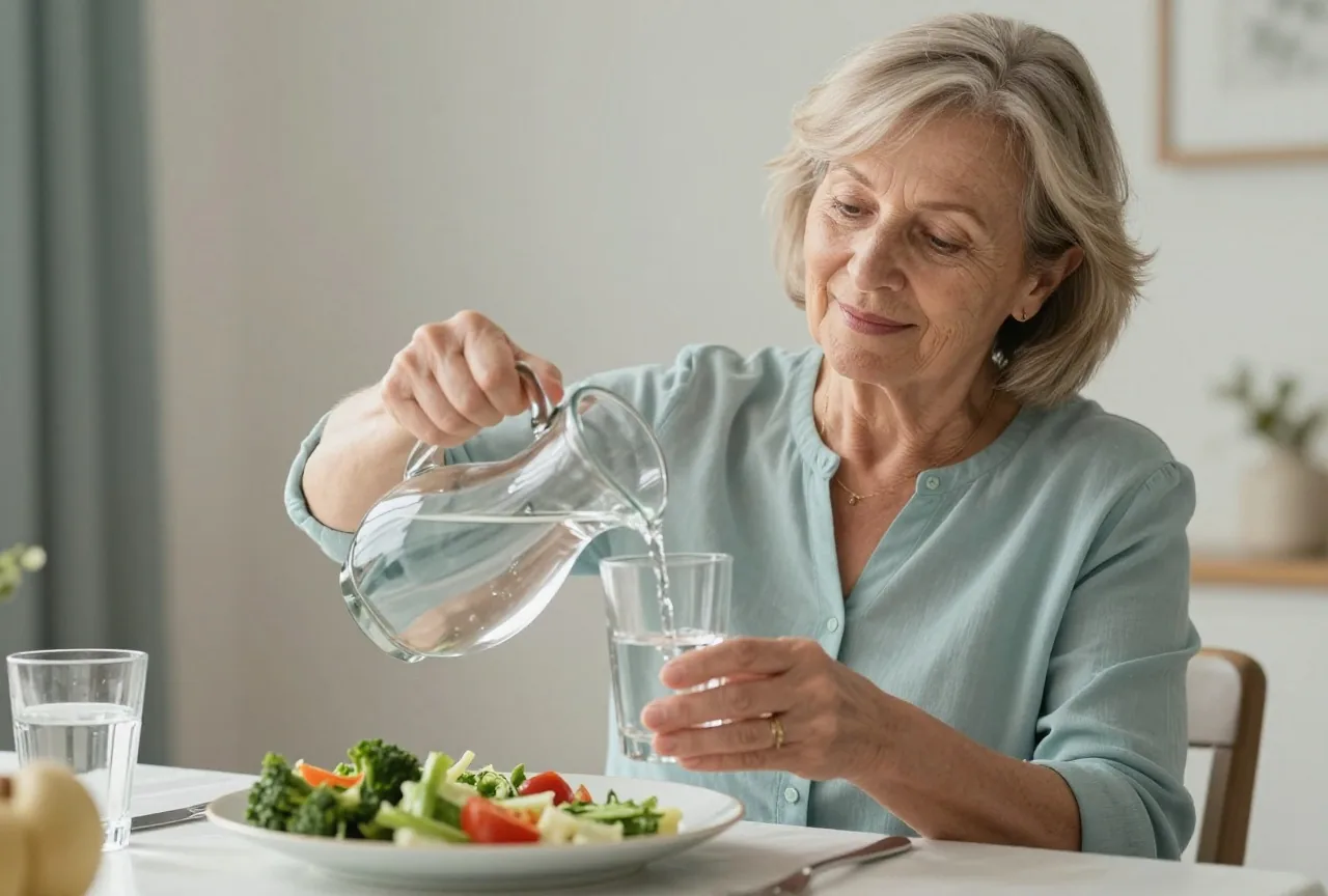 Frau Ende sechzig sitzt nach dem Mittagessen an einem hellen Esstisch und schenkt sich ein Glas Wasser ein, vor ihr ein Teller mit Gemüse