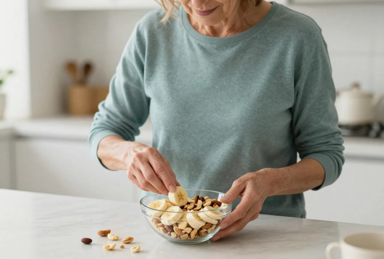 Frau in den Sechzigern richtet morgens an einer hellen Küchenzeile eine Schale mit Bananenscheiben und Nüssen an