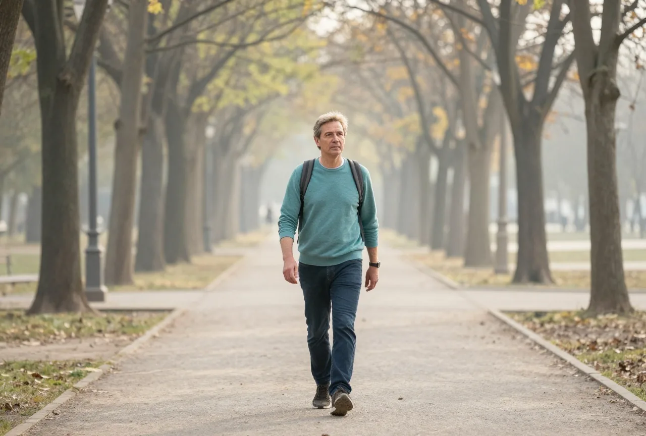 Mann Anfang fünfzig geht am frühen Morgen mit einem Rucksack zu Fuß auf einem baumgesäumten Weg durch einen Park