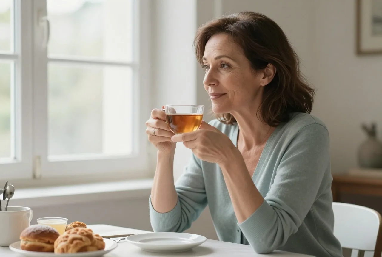 Frau in den Vierzigern sitzt am Morgen am Frühstückstisch mit einer Tasse Tee am hellen Fenster