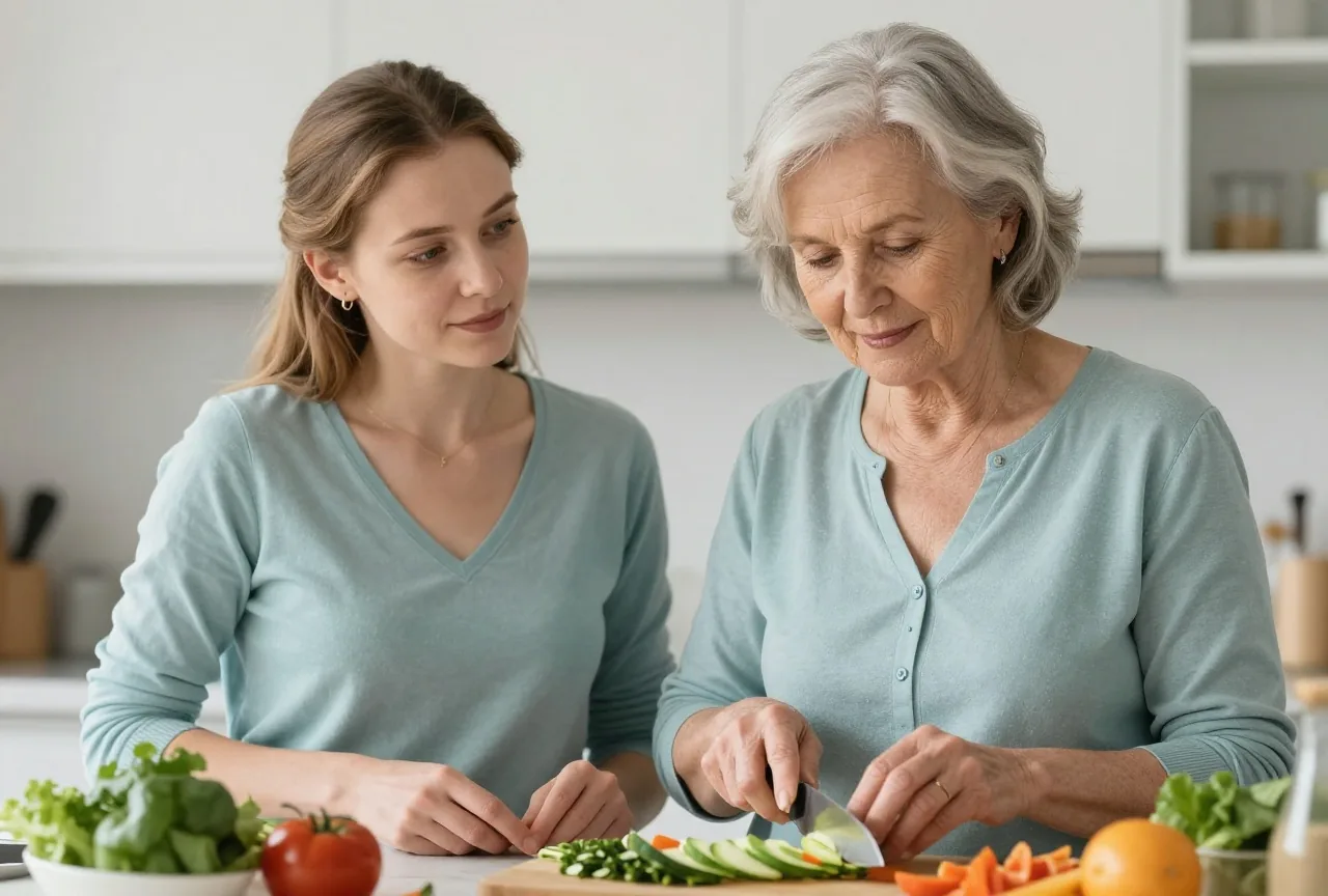 Ältere Frau mit grauem Haar und ihre erwachsene Tochter bereiten gemeinsam in einer hellen Küche ein Mittagessen zu