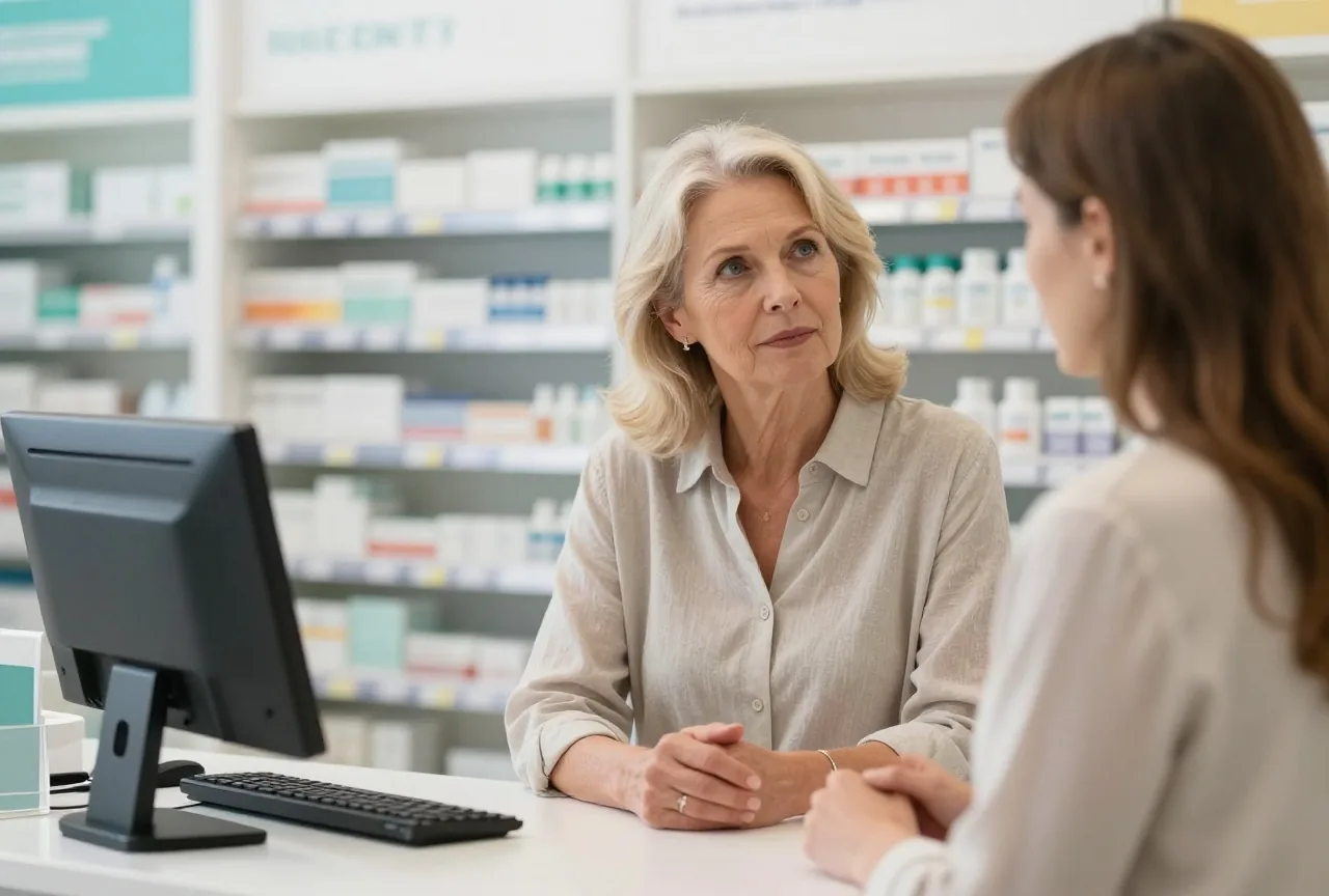 Ältere Frau mit hellem Haar spricht in einer hellen Apotheke mit einer Apothekerin über ihre Medikamente