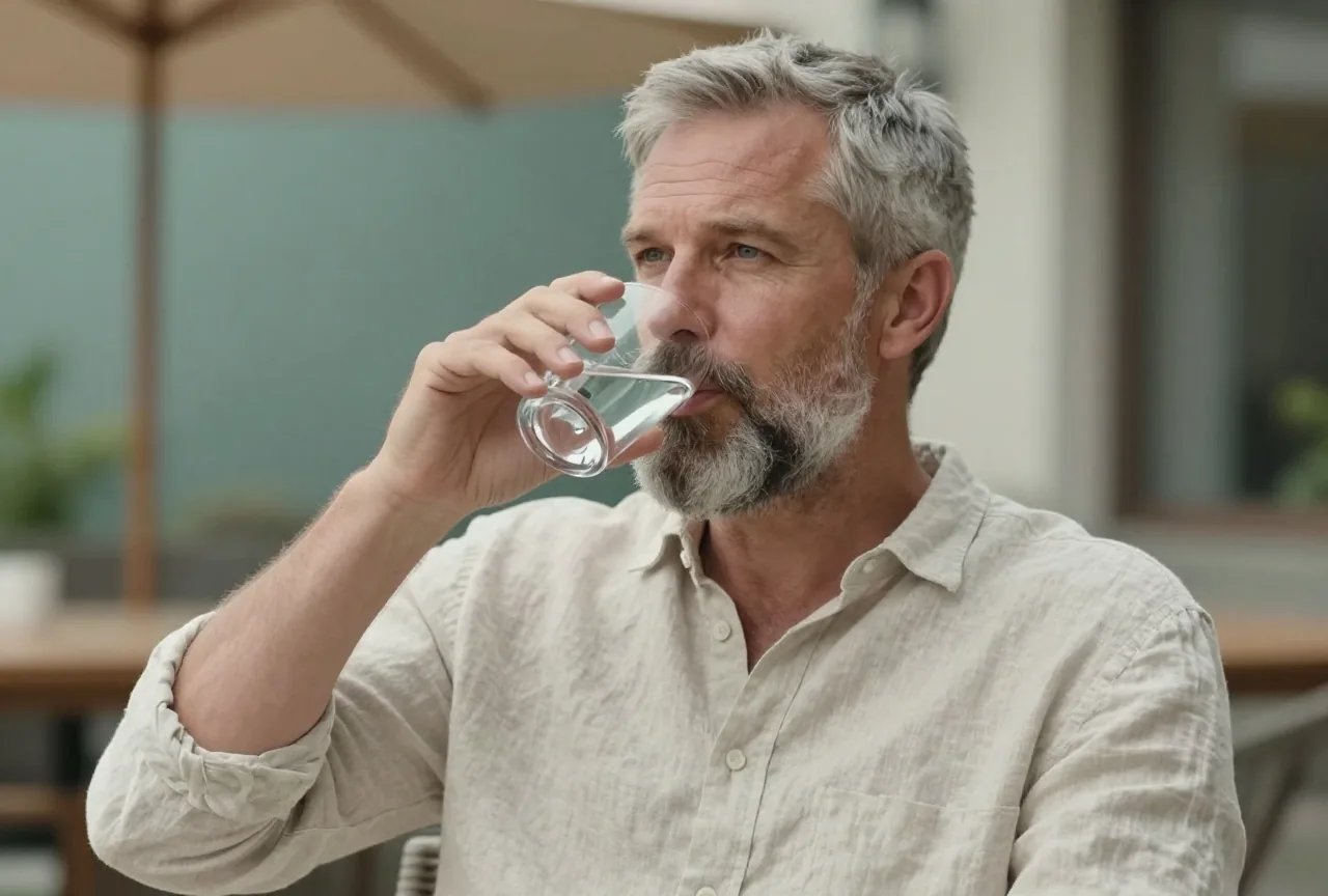 Mann um die sechzig mit grauem Bart sitzt im leichten Hemd entspannt auf einer schattigen Terrasse und trinkt ein Glas Wasser