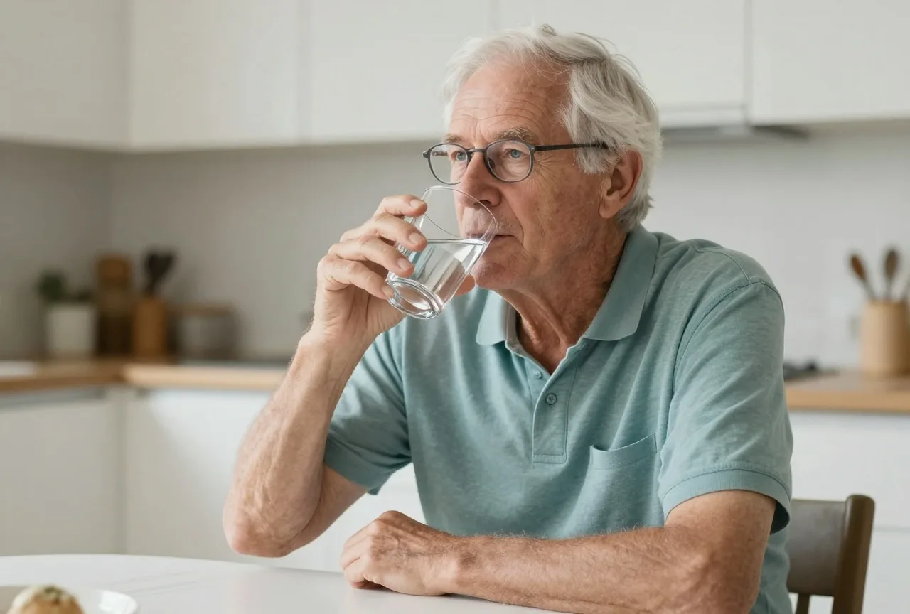 Älterer Mann mit weißem Haar und Brille sitzt entspannt am Küchentisch und trinkt aus einem Glas Wasser
