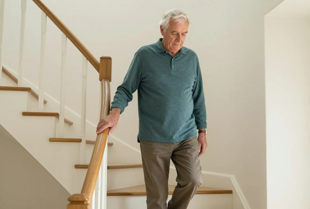 Mann um die siebzig mit weißem Haar geht zu Hause vorsichtig eine helle Treppe hinunter und hält sich am Handlauf fest