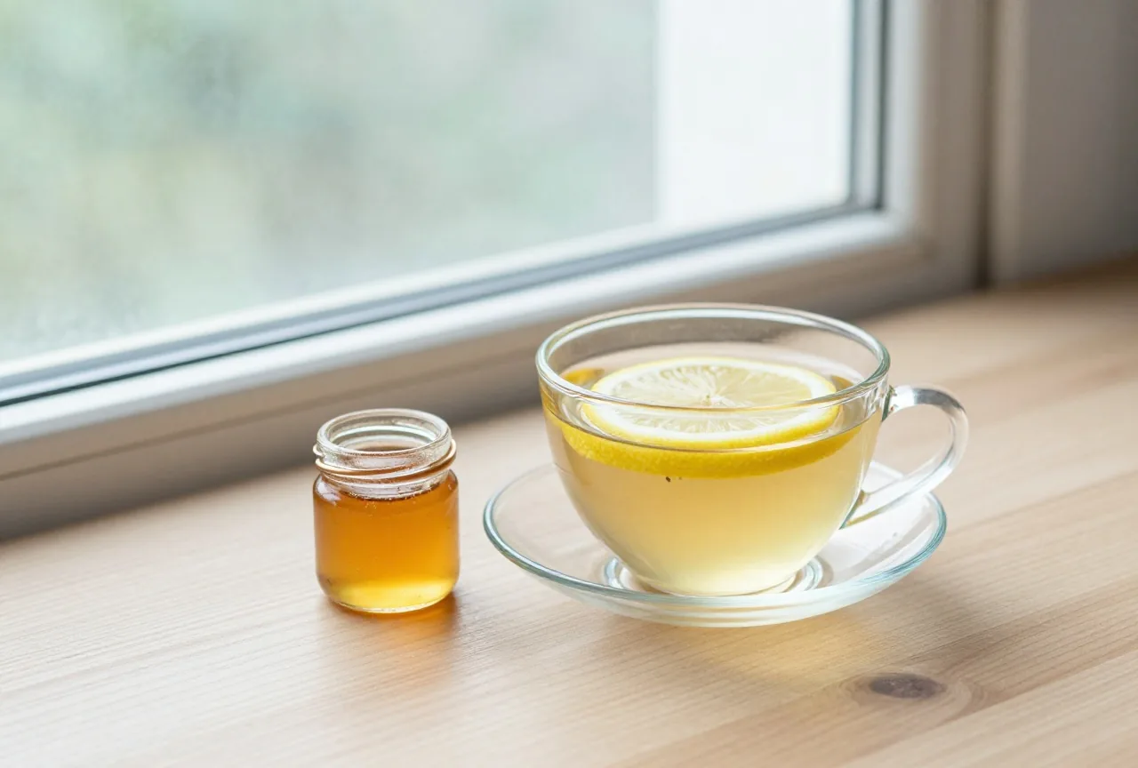 Glastasse mit Tee und einer Zitronenscheibe, daneben ein kleines Glas Honig, auf einer Holzfläche am Fenster