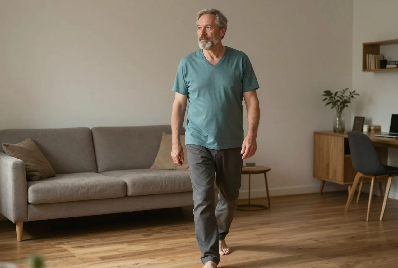Mann um die sechzig mit grauem Bart geht abends langsam durch ein ruhiges, warm beleuchtetes Wohnzimmer