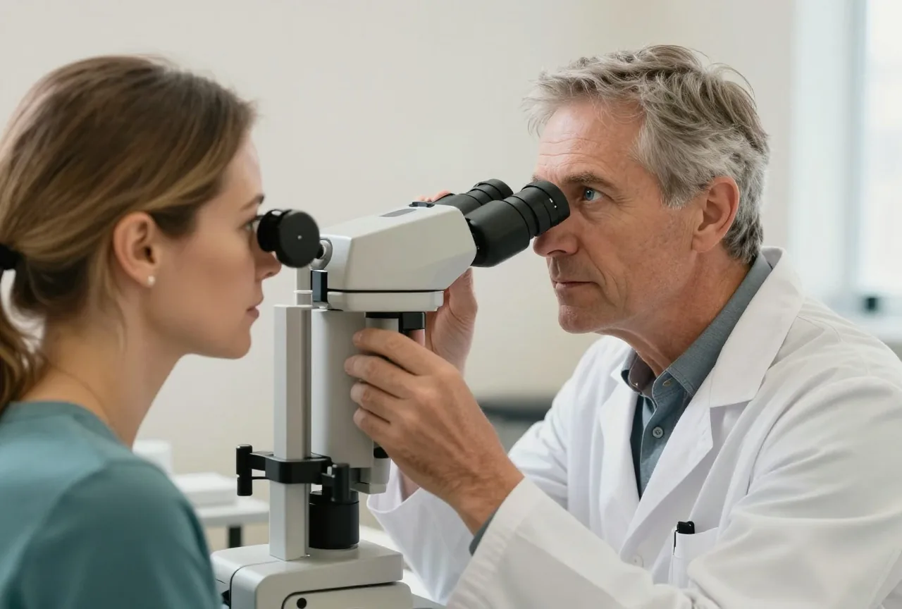 Augenärztin untersucht an einem Spaltlampenmikroskop die Augen eines älteren Mannes mit grauem Haar in einer hellen Praxis