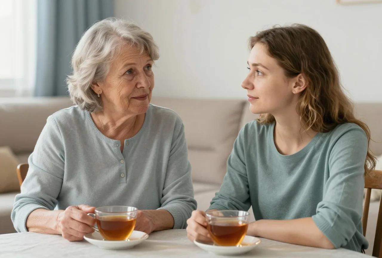 Ältere Frau mit grauem Haar und ihre erwachsene Tochter sitzen gemeinsam am Wohnzimmertisch und sprechen ruhig miteinander