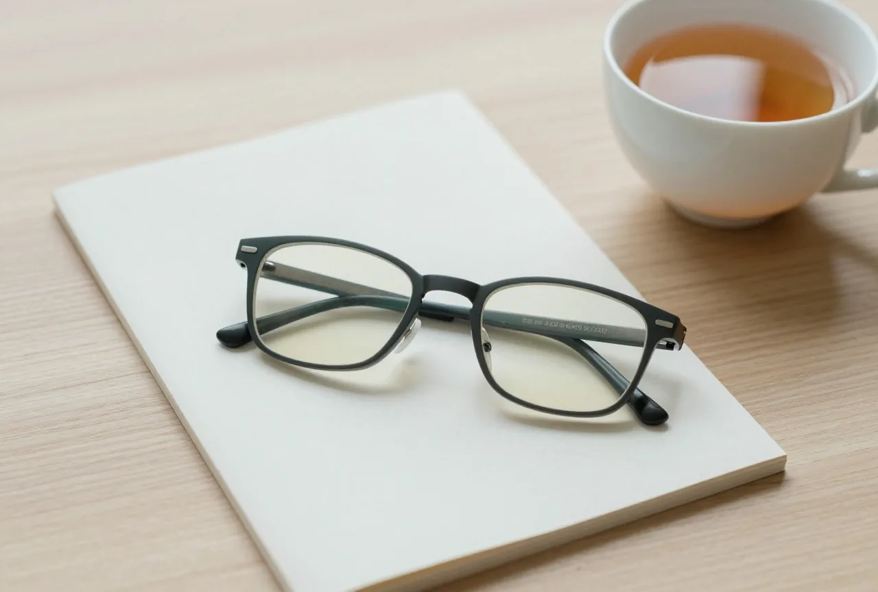 Lesebrille auf einem gefalteten leeren Blatt Papier neben einer Tasse Tee auf einem hellen Holztisch