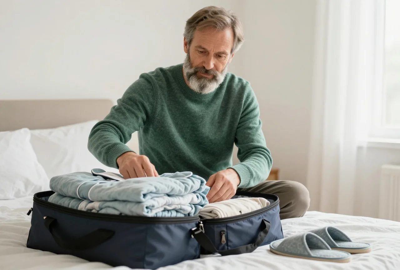 Mann um die sechzig mit grauem Bart in grünem Pullover packt in einem hellen Schlafzimmer eine kleine Reisetasche mit Schlafanzug und Hausschuhen auf dem Bett
