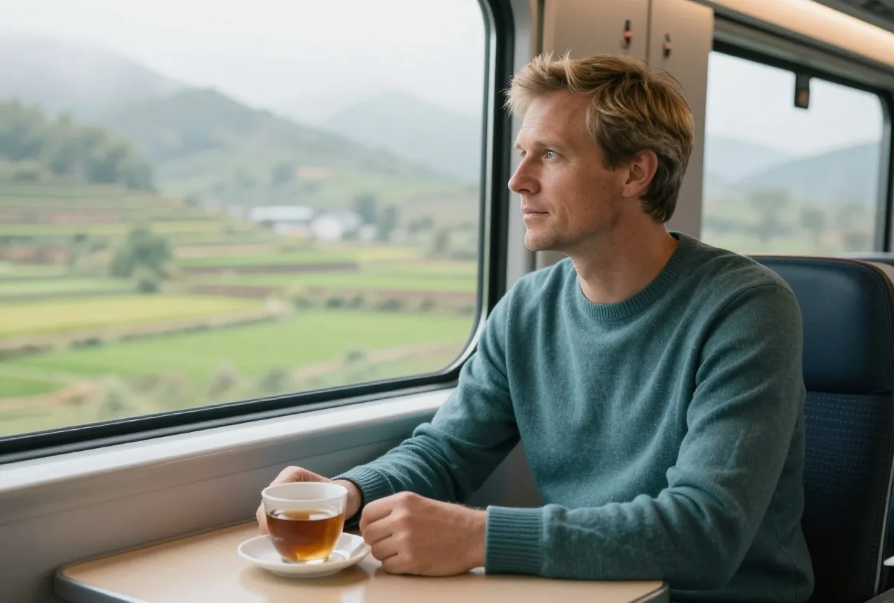 Mann Mitte vierzig mit kurzem dunkelblondem Haar in petrolfarbenem Strickpullover sitzt am Fenster eines modernen Schnellzugs und blickt auf neblige grüne Hügel und Reisterrassen, vor ihm eine Tasse Tee