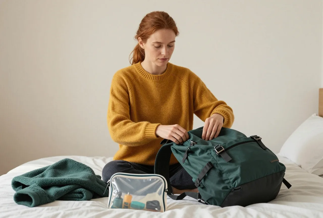 Frau Mitte dreißig mit kastanienrotem Pferdeschwanz in senfgelbem Strickpullover packt auf einem Bett einen dunkelgrünen Rucksack, daneben eine gefaltete Fleecejacke und ein durchsichtiger Kulturbeutel