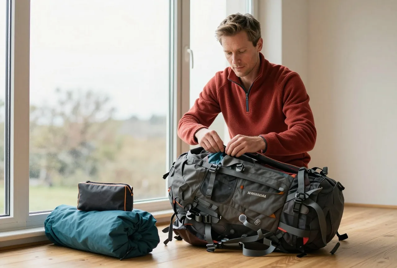 Mann Mitte vierzig mit kurzem dunkelblondem Haar in einem roten Fleecepullover packt auf einem Holzboden neben einem Fenster einen Trekkingrucksack, daneben ein Kulturbeutel und eine zusammengerollte Regenjacke