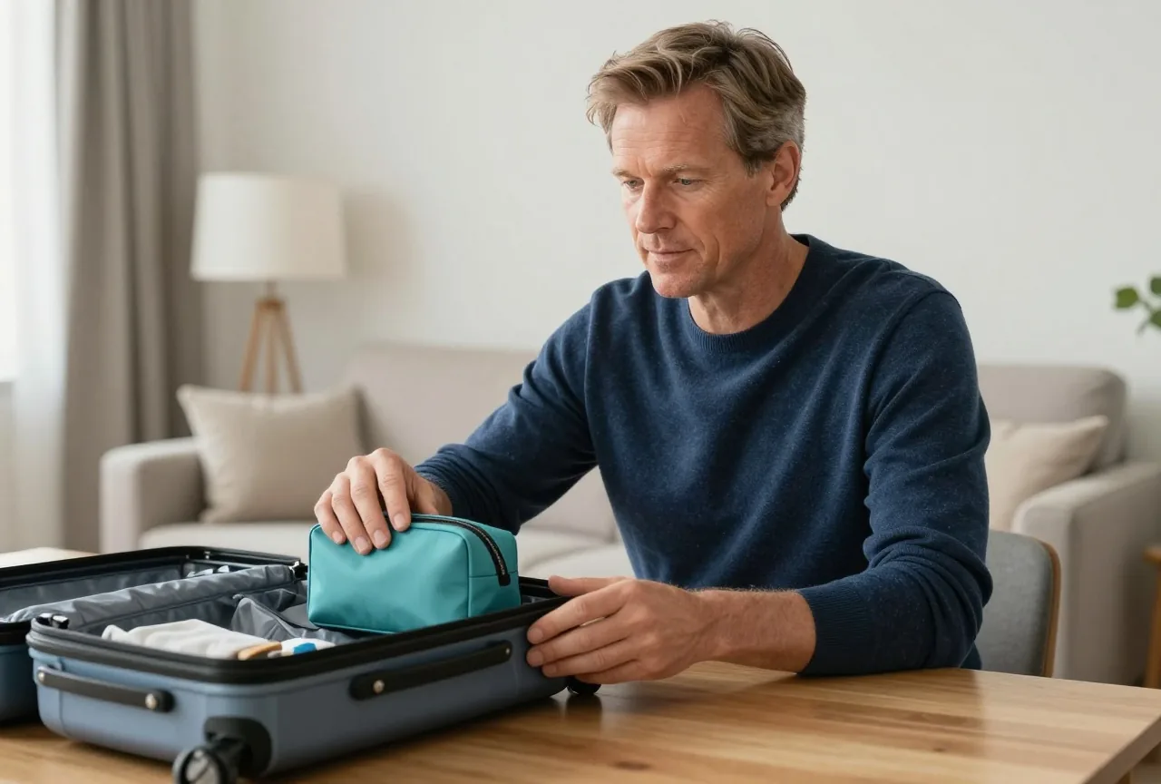 Mann Mitte fünfzig mit kurzem dunkelblondem Haar in marineblauem Pullover sitzt an einem Holztisch in einem hellen Wohnzimmer und legt einen kleinen Kulturbeutel neben einen geöffneten Reisekoffer