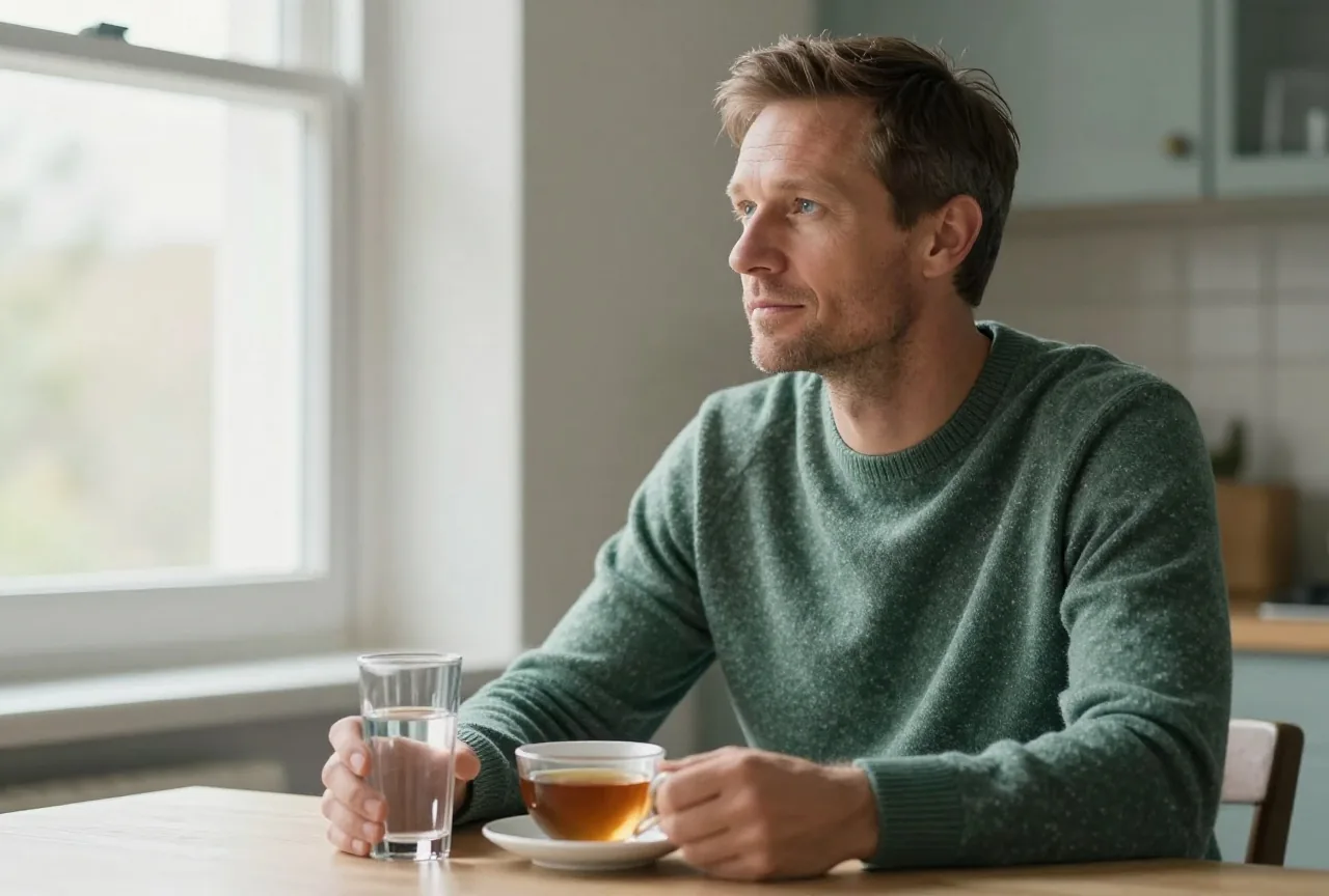 Mann in den Vierzigern mit kurzem braunem Haar in grünem Strickpullover sitzt an einem sonnigen Küchentisch mit einem Glas Wasser und einer Tasse Tee und blickt nachdenklich aus dem Fenster