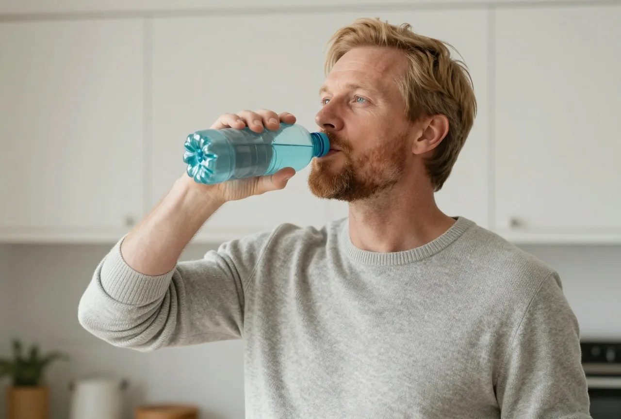 Mann Mitte fünfzig mit kurzem rotblondem Haar und Bart in hellgrauem Strickpullover steht in einer hellen Küche und trinkt aus einer biegsamen Wasserflasche aus Kunststoff