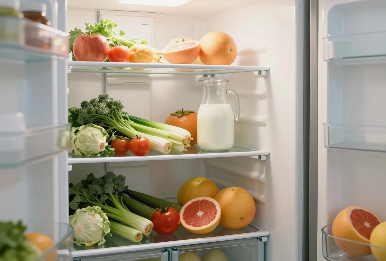 Geöffneter Kühlschrank mit frischem Gemüse, Obst und einem Glaskrug Milch in einer hellen Küche